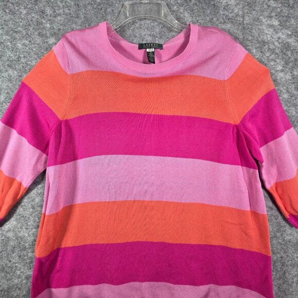 Lauren Ralph Lauren Sweater Sz 1X Colorblock Pink Orange Stripe 3/4 Sleeve Prep - Picture 2 of 7